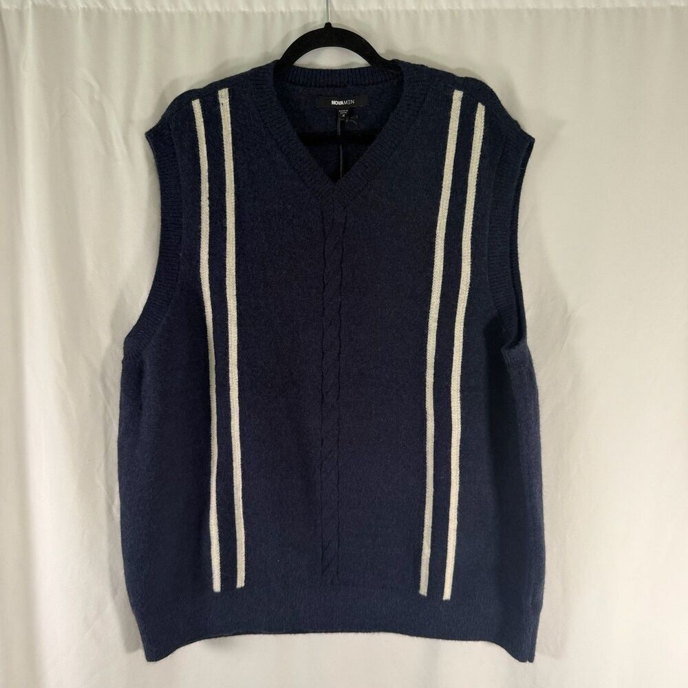New NovaMen Metro Sweater Vest Men's XL Navy Blue White V-Neck Sleeveless